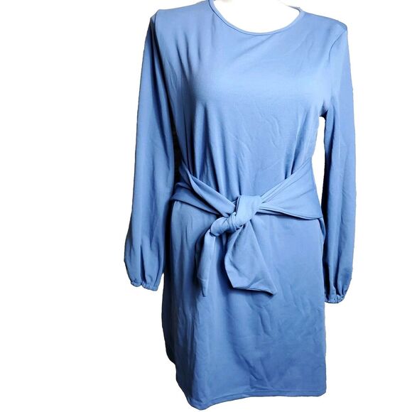 PRETTYGARDEN Long Lantern Sleeve Crewneck Tie Waist Knit Cocktail Dress Size XL - Picture 2 of 12